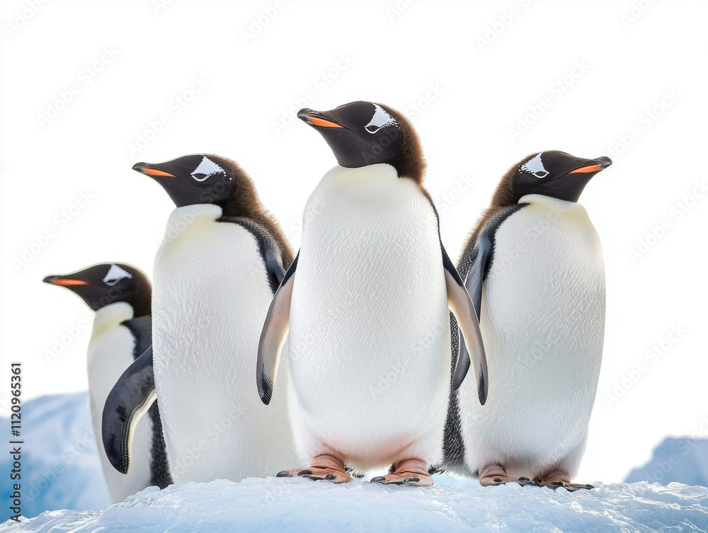 Obraz premium Climate change wildlife crisis concept. A group of four penguins standing on ice, showcasing their distinctive black and white plumage against a bright background.
