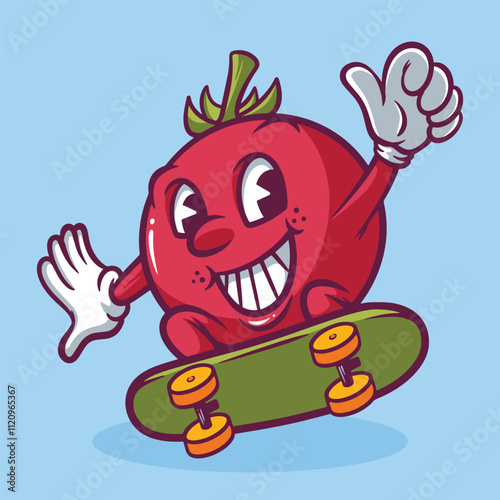 Cute Tomato Play Skateboard Mascot Hand Drawn Illustration