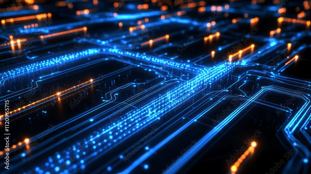 Abstract glowing circuit board lines and nodes. Abstract glowing circuit board lines and nodes.