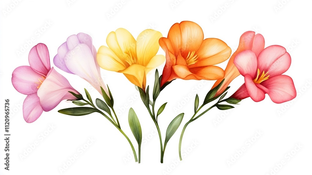 Naklejka premium Elegant Multicolored Freesia Blooms in Watercolor Style Isolated on White Background