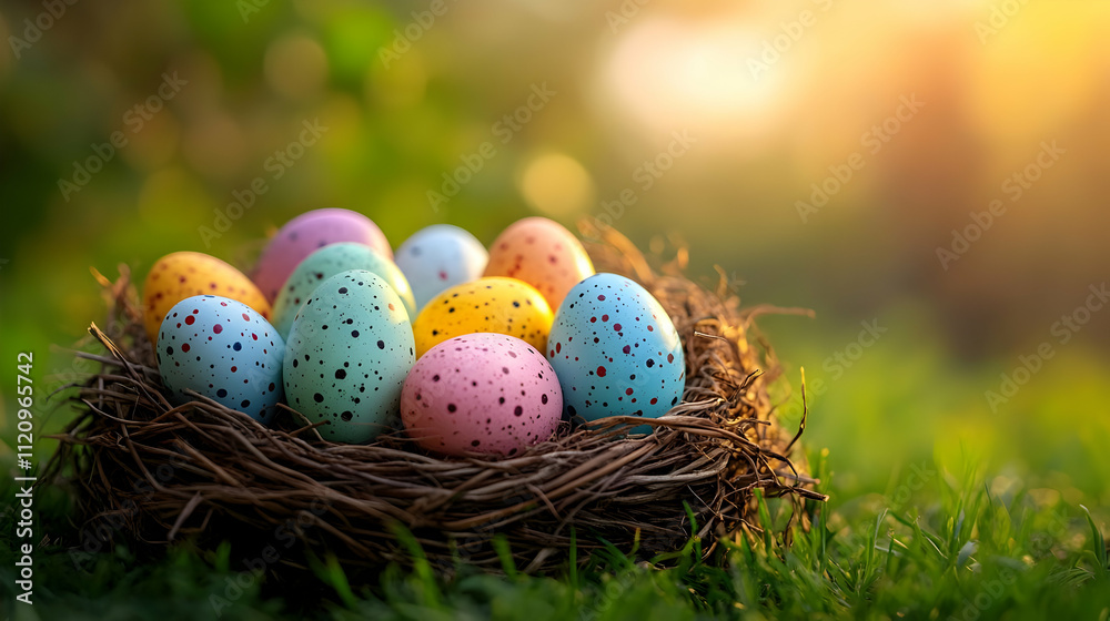 Colorful Easter Eggs Nestled in Grassy Nest at Sunset Colorful Easter Eggs Nestled in Grassy Nest at Sunset
