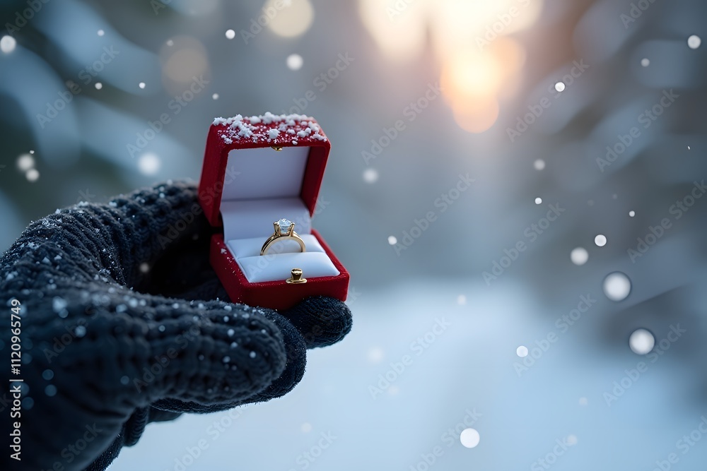 custom made wallpaper toronto digitalWinter Proposal Scene with Gloved Hand Holding Red Ring Box in Falling Snow