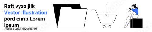 Folder icon symbolizes file storage, download arrow above shopping cart signifies online shopping or digital downloads, person sitting and using smartphone. Ideal for e-commerce, digital file