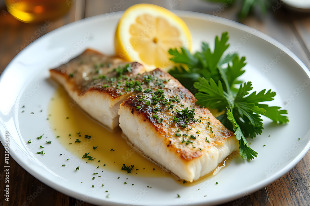Artisanal Pan-Seared Fish on Rustic Wooden Table with Herb Garnish Artisanal Pan-Seared Fish on Rustic Wooden Table with Herb Garnish