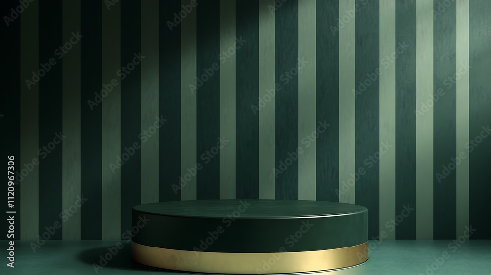 3D rendering of a dark green and golden podium with horizontal stripes in the backdrop, designed as a product display stage, perfect for product presentations in a mock-up design studio 3D rendering of a dark green and golden podium with horizontal stripes in the backdrop, designed as a product display stage, perfect for product presentations in a mock-up design studio