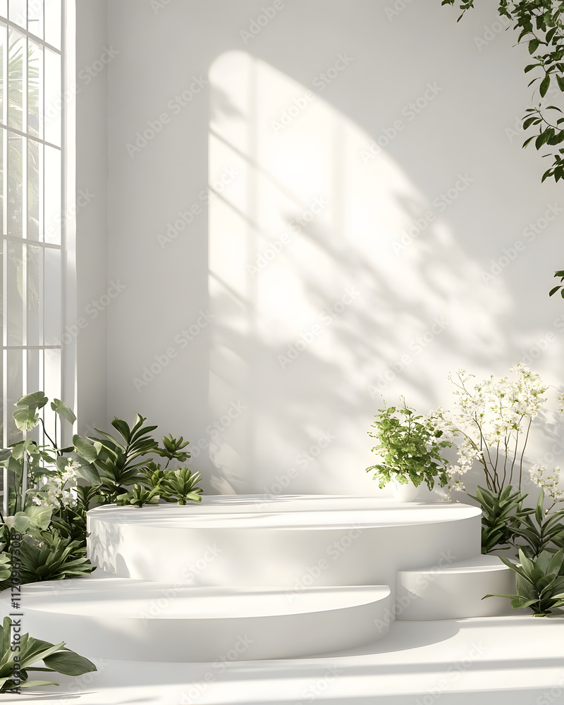 A serene indoor space featuring white circular steps and lush greenery.