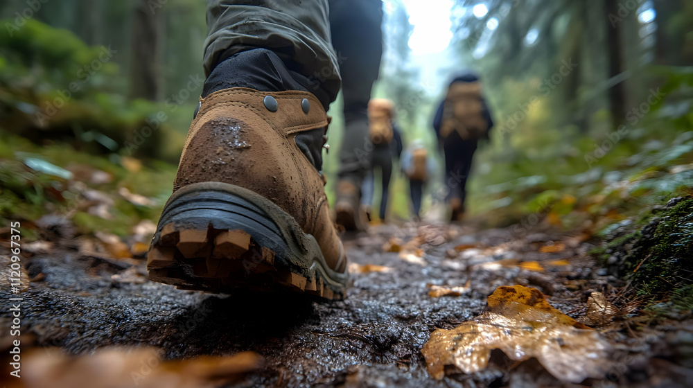Hiking Boots Tread Muddy Trail Autumn Woods Hiking Boots Tread Muddy Trail Autumn Woods