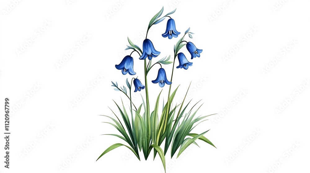 Ethereal Bluebell Flowers in Watercolor Style on White Background Ethereal Bluebell Flowers in Watercolor Style on White Background
