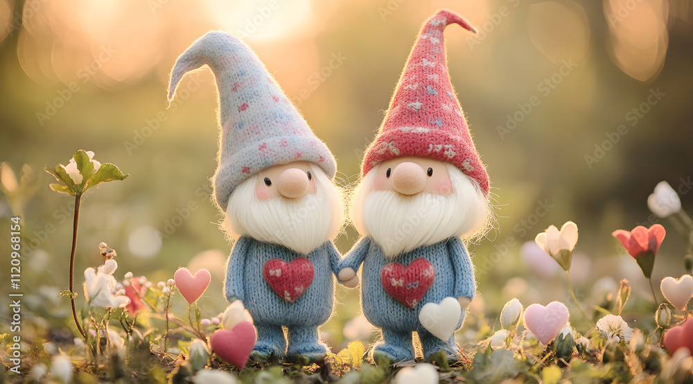 Obraz premium Two charming gnomes in colorful hats hold hands amidst a vibrant flower garden, radiating love and joy in a serene, enchanting setting.