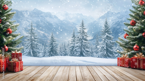 Photo realistic mountain range with beautiful scenery of a white christmas photo