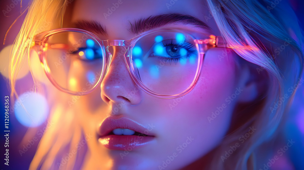 Neon Lights Reflecting on Glasses, Woman's Face, Stylish, Trendy, Closeup, Colorful, Vibrant, Night, City, Fashion Neon Lights Reflecting on Glasses, Woman's Face, Stylish, Trendy, Closeup, Colorful, Vibrant, Night, City, Fashion