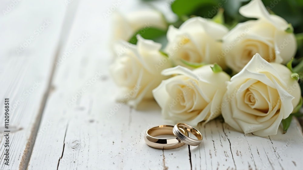 Elegant Wedding Rings and White Roses on Rustic White Wooden Table, Romantic Wedding Photography Elegant Wedding Rings and White Roses on Rustic White Wooden Table, Romantic Wedding Photography