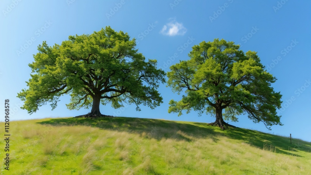 Two Majestic Oak Trees on Sunny Hilltop, Lush Green Grass, Vibrant Blue Sky - Idyllic Landscape Photography Two Majestic Oak Trees on Sunny Hilltop, Lush Green Grass, Vibrant Blue Sky - Idyllic Landscape Photography