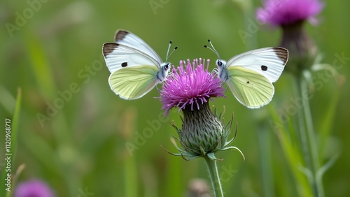 Two White Butterflies on Purple Thistle Flower in Meadow, Close-up Nature Photography photo