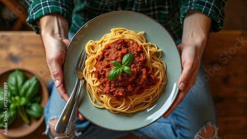 Delicious Spaghetti Bolognese, Overhead Shot of Person Enjoying Pasta Dish on Wooden Table