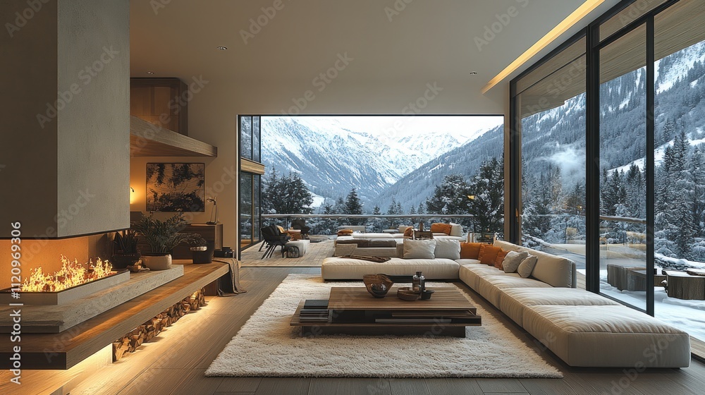 Modern living room with mountain view and cozy fireplace 