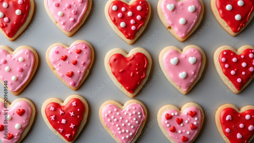 Valentine's Day Heart Cookies, Pink & Red Icing, Polka Dots, Aerial View, High-Resolution Product Photography