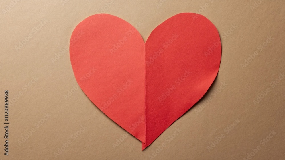 Fototapeta premium Minimalist Red Paper Heart on Brown Craft Paper Background, Valentine's Day Design Element