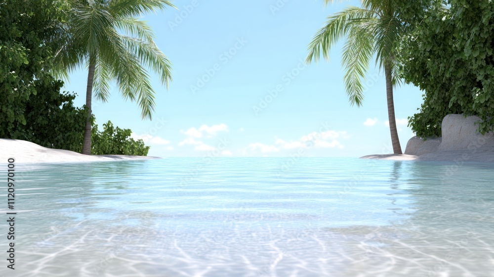 Obraz premium Serene tropical beach with calm waters and palm trees.