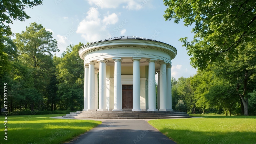 Luxury Russian Estate, Picturesque White Temple on Green Lawn with Path Luxury Russian Estate, Picturesque White Temple on Green Lawn with Path