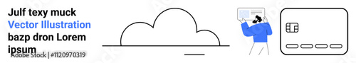 Cloud with text, person holding tablet, and interface representing data management. Ideal for cloud computing, data storage, technology, digital transformation, user interface, online services