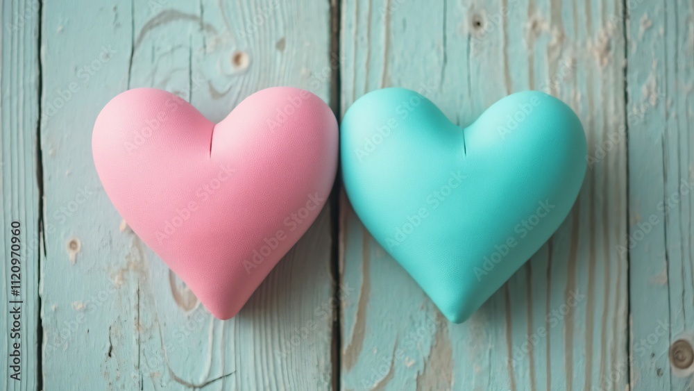 Pastel Pink and Turquoise Hearts on Rustic Wooden Background, Romantic Love Concept Image Pastel Pink and Turquoise Hearts on Rustic Wooden Background, Romantic Love Concept Image