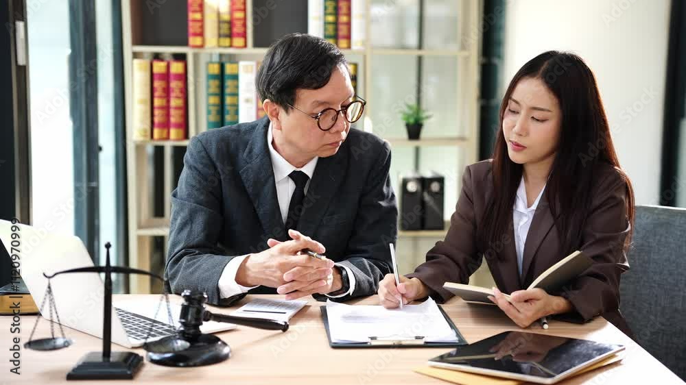 Lawyers discussing legal documents in the office with hammer and scales of justice on the table. Consultation and meeting of the concept of law, judge hammer with the scales of justice.