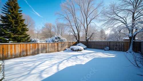 Snowy Winter Backyard Scene, Sunlit Garden with Wooden Fence, Pine Tree, and Snow-Covered Landscape Photography