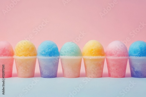 Colorful snow cones in cups, pastel hues. Perfect for summer, food blogs, and refreshment themes.