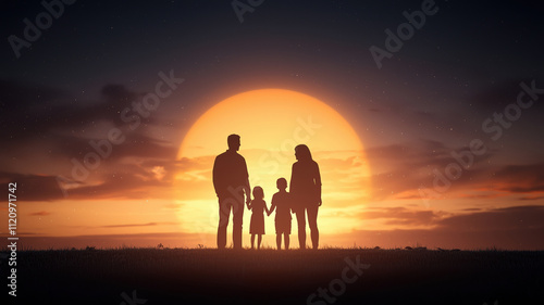 family stands together at sunset, creating warm and loving atmosphere