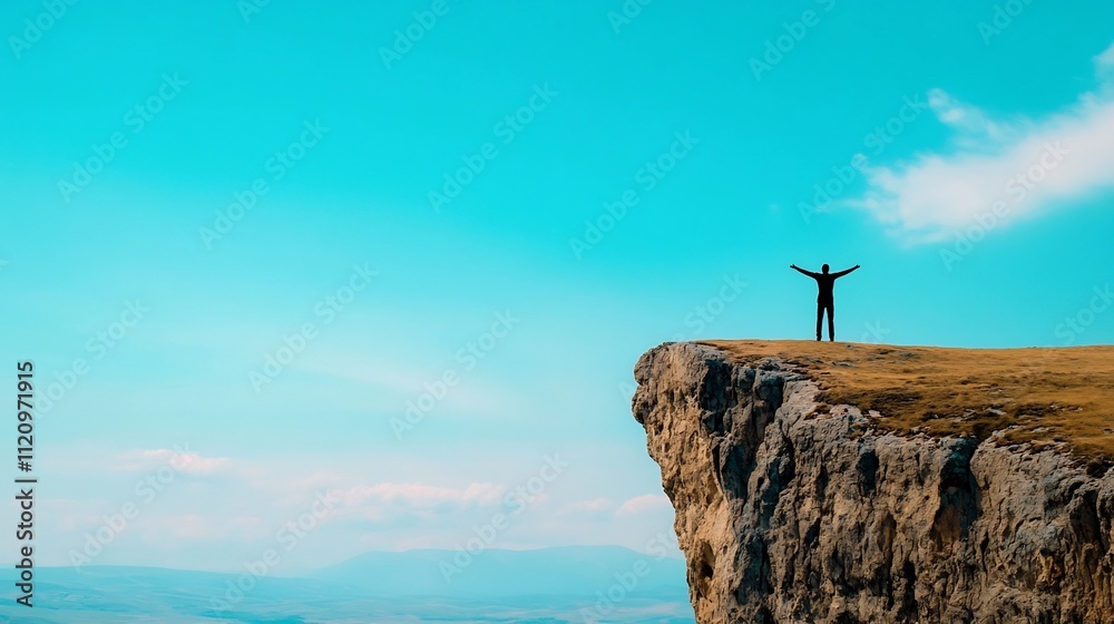 Lone Figure Standing on Cliff with Outstretched Arms Overlooking Vast Open Sky Lone Figure Standing on Cliff with Outstretched Arms Overlooking Vast Open Sky