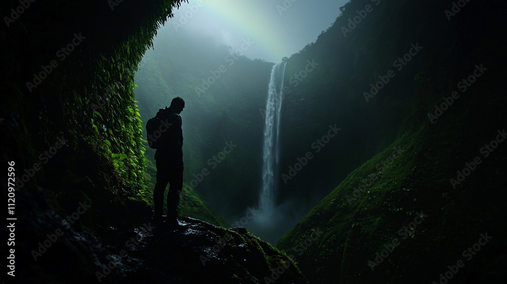 Silhouetted hiker views majestic waterfall from cave. Silhouetted hiker views majestic waterfall from cave.