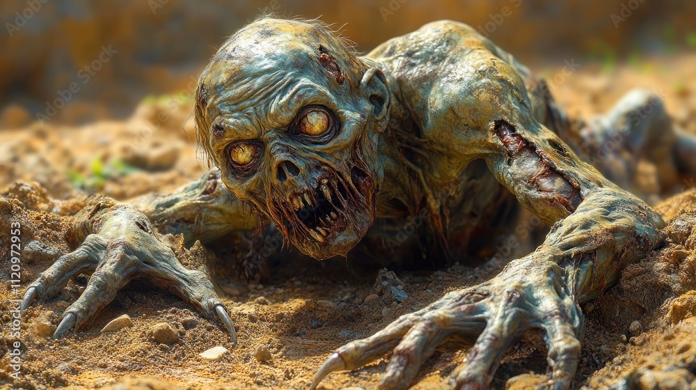 Fototapeta premium A grotesque zombie emerging from the ground 