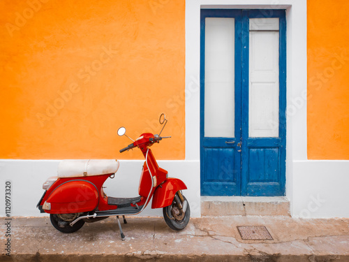 A red Italian scooter parked on the street in a Sicilian village, Italy.