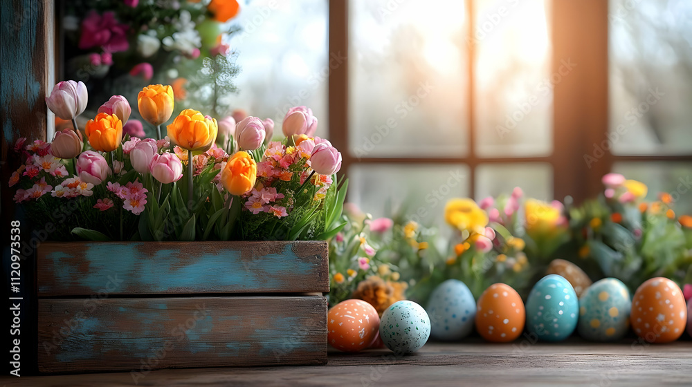 Spring Tulips & Easter Eggs in Rustic Box Decor