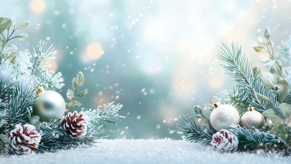 Fototapeta premium Christmas background with Christmas hanging balls, pine leaf. Xmas background with copy space and snowfall