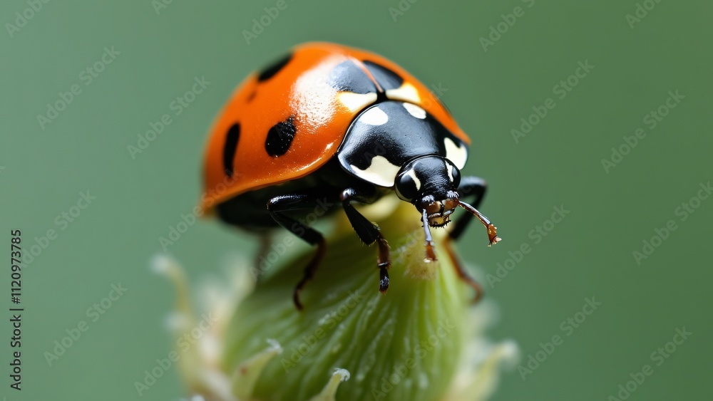 Naklejka premium Macro Photography of Black and Orange Ladybug on Green Plant, Focus Stacking