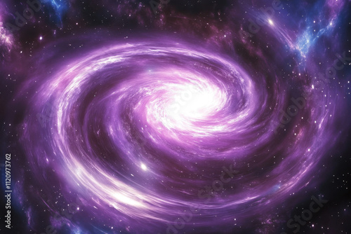 A mesmerizing spiral galaxy glowing in vibrant shades of purple and pink against a starry cosmic backdrop.