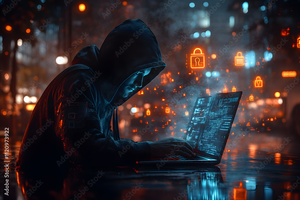 A striking silhouette of a hacker wearing a black hoodie, seated in front of a glowing laptop A striking silhouette of a hacker wearing a black hoodie, seated in front of a glowing laptop