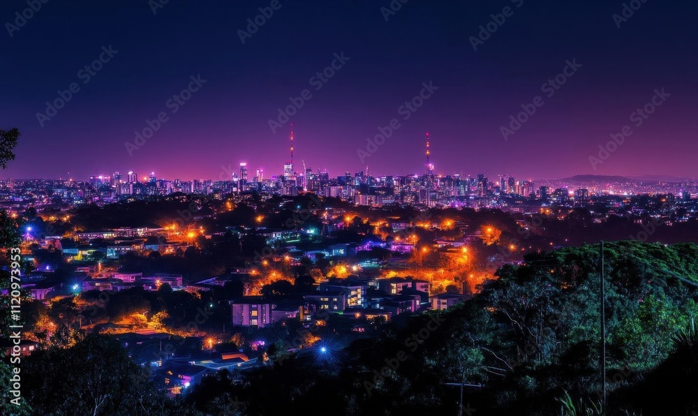 Fototapeta premium A vibrant city skyline illuminated at night with colorful lights.