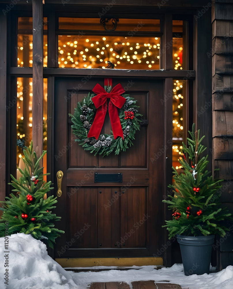 Beautiful and elegant Christmas wreath hanging on a door Beautiful and elegant Christmas wreath hanging on a door