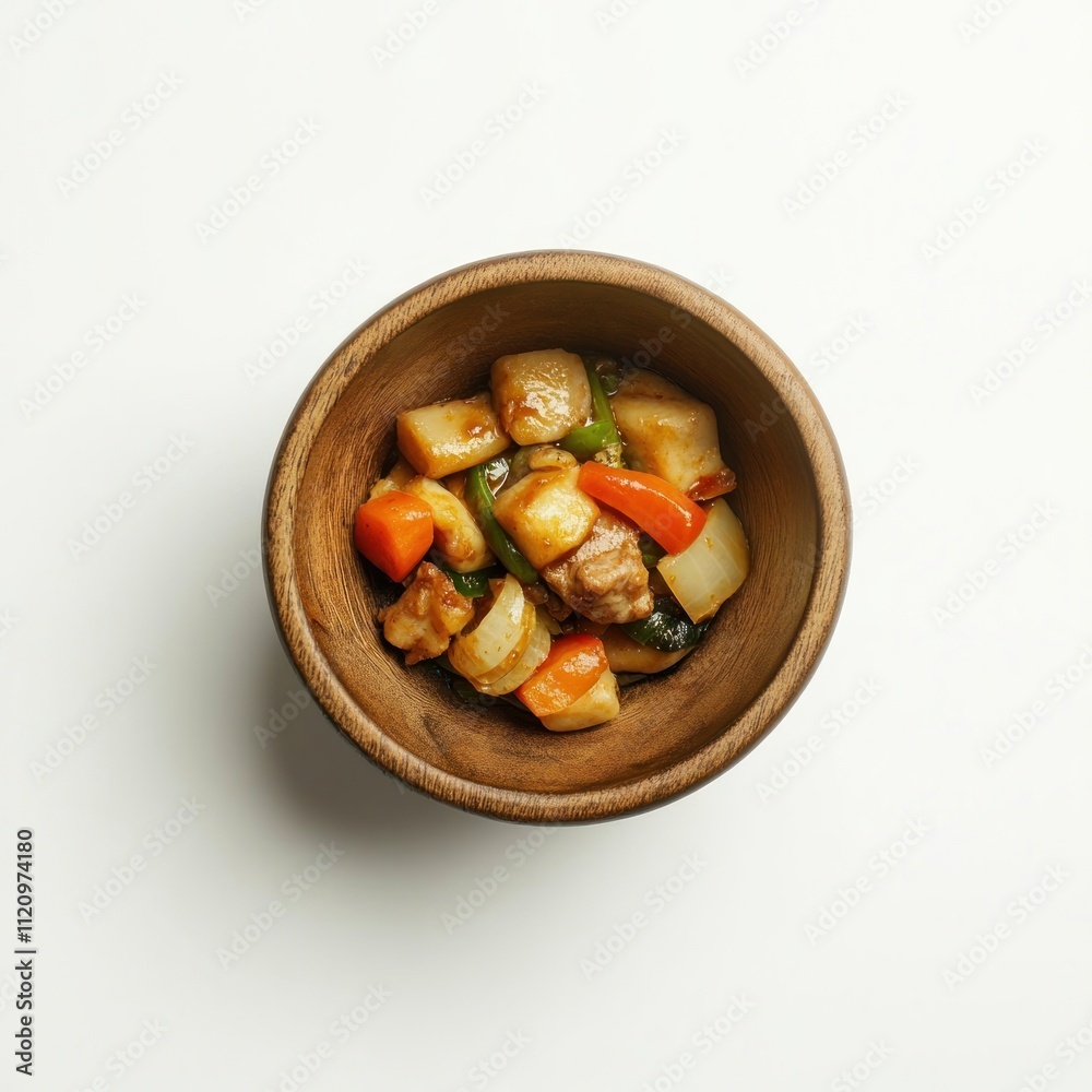 Savory Stew Served in Wooden Bowl with Vegetables and Meat Savory Stew Served in Wooden Bowl with Vegetables and Meat