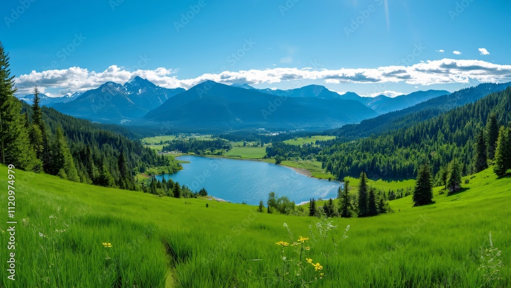 Fototapeta premium Stunning Hadley Valley Oregon Landscape, Lush Greenery, Blue Sky, Mountains, Lake, Forest - Wide Angle View