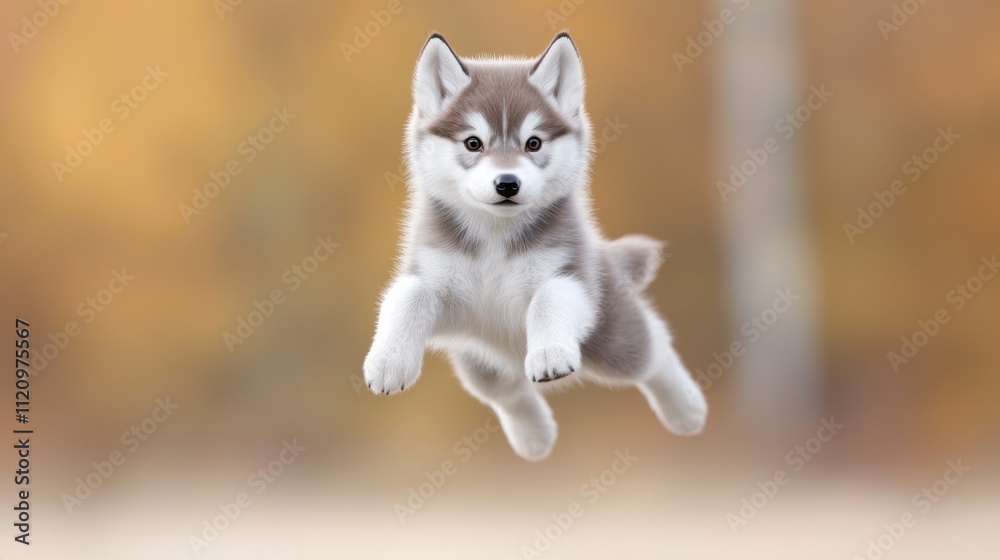 A playful puppy leaping joyfully in a blurred autumn background. A playful puppy leaping joyfully in a blurred autumn background.