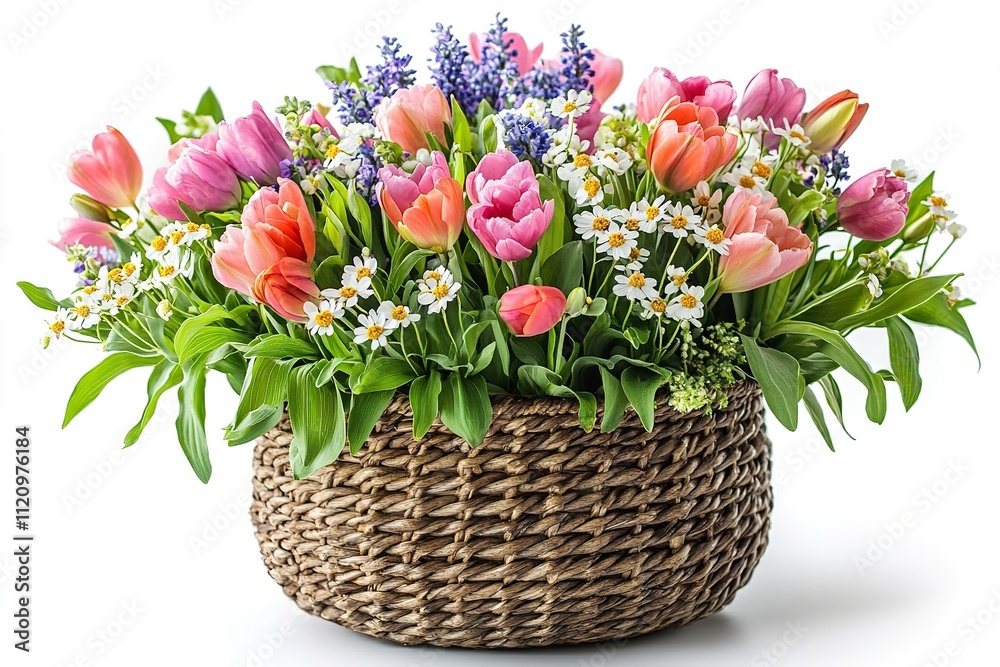 High-quality, colorful spring flowers in a woven basket, isolated on a white backdrop. Generative Ai High-quality, colorful spring flowers in a woven basket, isolated on a white backdrop. Generative Ai