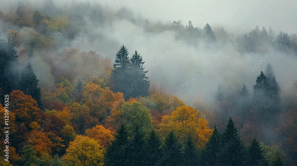 Fototapeta premium Beautiful autumn landscape with fog enveloping colorful trees in a forest