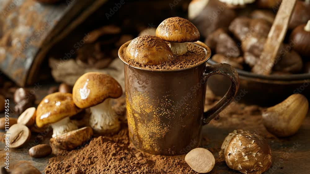 Coffee cup filled with mushrooms and coffee grounds in rustic setting