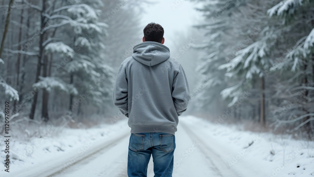 Man Walking Away in Snowy Winter Forest, Back View, Oversized Hoodie, Cold Weather Landscape Photo Man Walking Away in Snowy Winter Forest, Back View, Oversized Hoodie, Cold Weather Landscape Photo