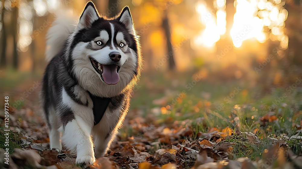 Husky Dog Walks Through Autumn Leaves at Sunset Husky Dog Walks Through Autumn Leaves at Sunset