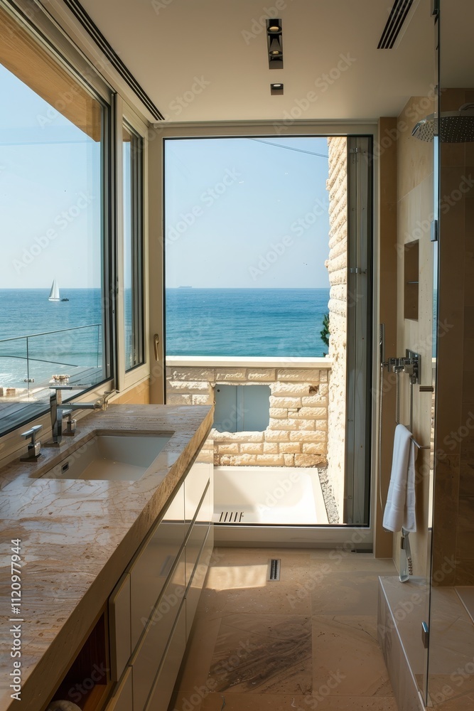 Fototapeta premium Luxurious seaside bathroom with ocean view and modern interior design.